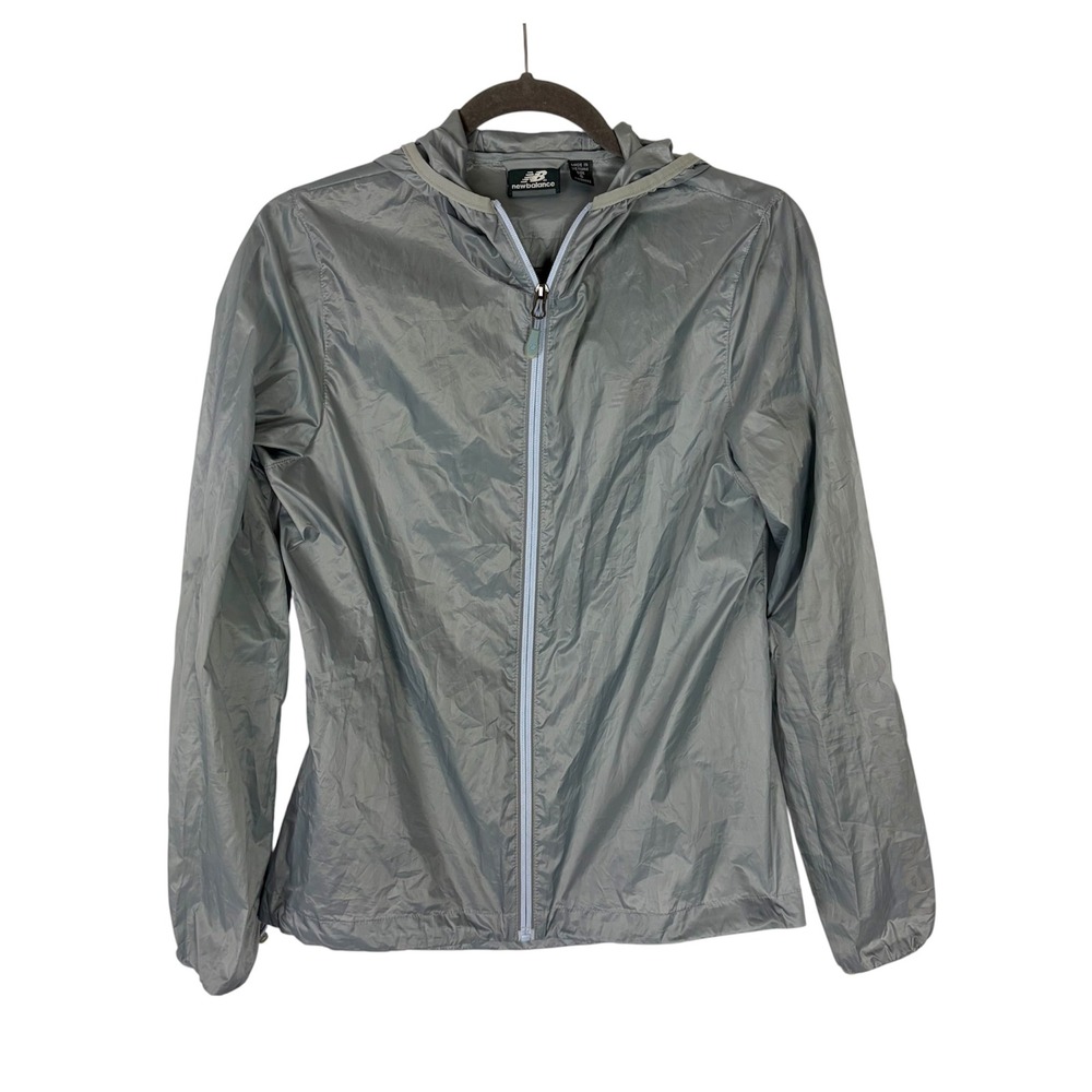 New Balance Womens Small Silver Windbreaker Jacket Hooded Full Zip‎ Running